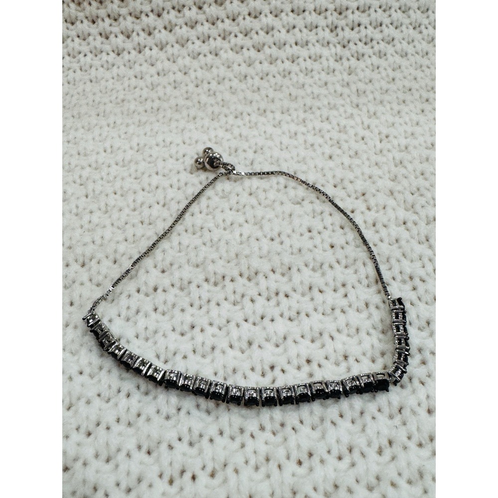 Black Crystal Adjustable Tennis Bracelet Silver Tone Slider Bolo Bracelet